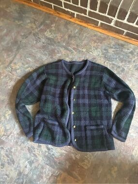 Vintage Purple and Forest Green Plaid Button-Front Cardigan